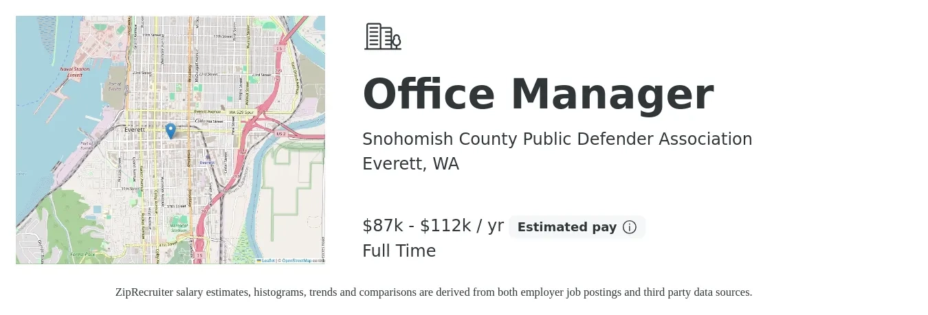 Snohomish County Public Defender Association job posting for a Office Manager in Everett, WA with a salary of $87,942 to $112,579 Yearly with a map of Everett location.