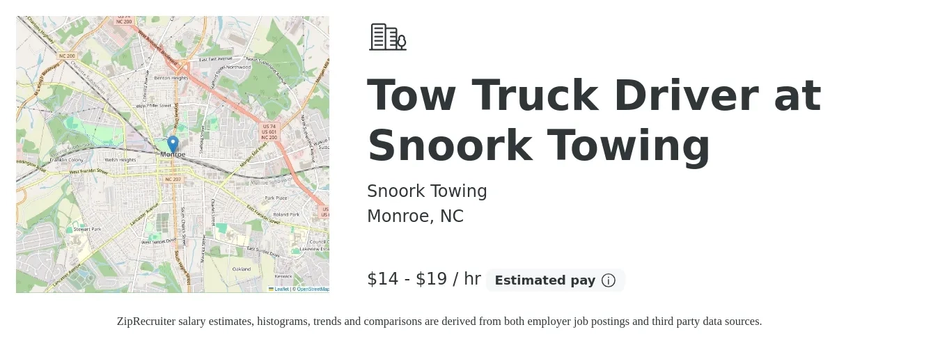 Snoork Towing job posting for a Tow Truck Driver at Snoork Towing in Monroe, NC with a salary of $15 to $20 Hourly with a map of Monroe location.