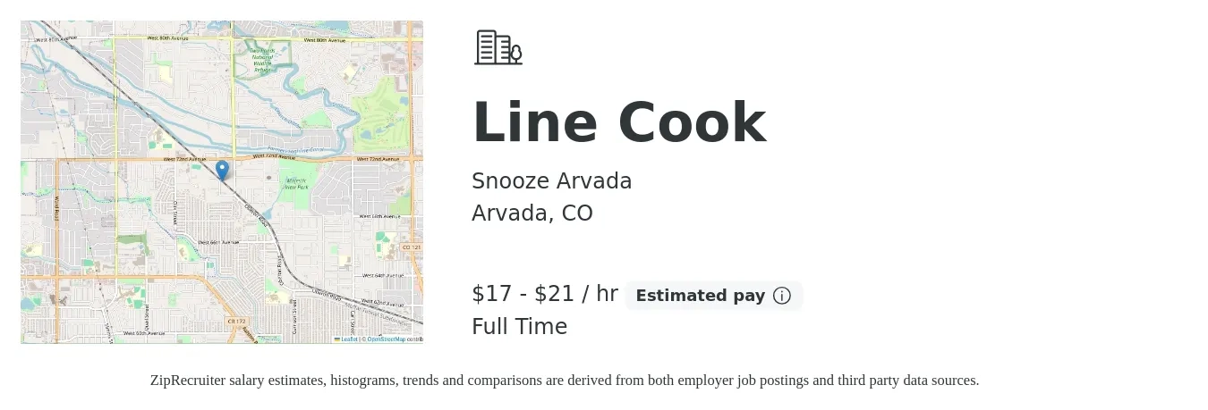 Snooze Arvada job posting for a Line Cook in Arvada, CO with a salary of $18 to $22 Hourly with a map of Arvada location.