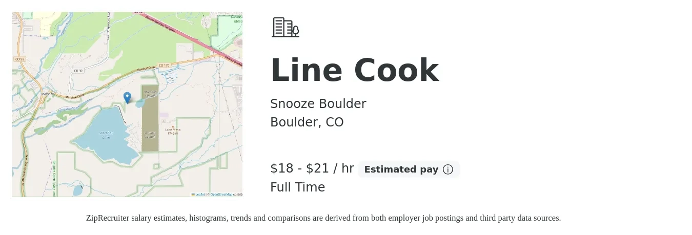 Snooze Boulder job posting for a Line Cook in Boulder, CO with a salary of $20 to $22 Hourly with a map of Boulder location.