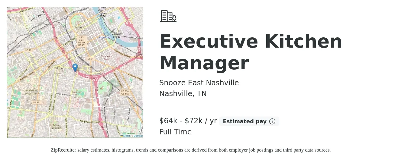 Snooze East Nashville job posting for a Executive Kitchen Manager in Nashville, TN with a salary of $64,000 to $72,000 Yearly with a map of Nashville location.