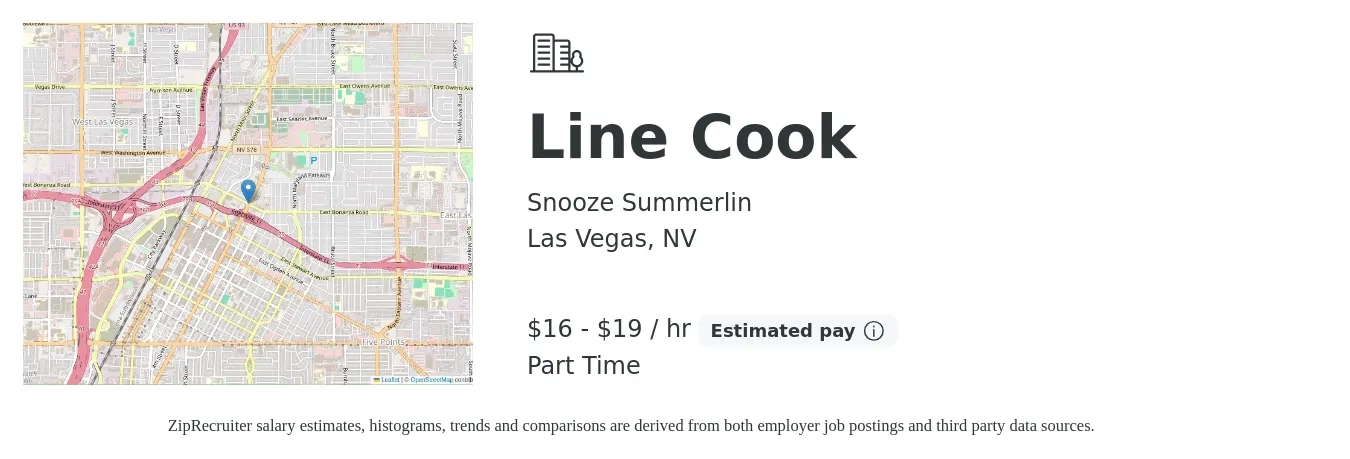 Snooze Summerlin job posting for a Line Cook in Las Vegas, NV with a salary of $17 to $20 Hourly with a map of Las Vegas location.