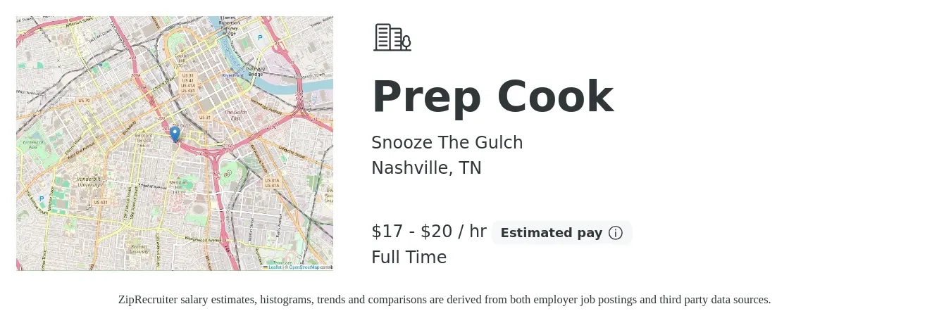 Snooze The Gulch job posting for a Prep Cook in Nashville, TN with a salary of $18 to $22 Hourly with a map of Nashville location.