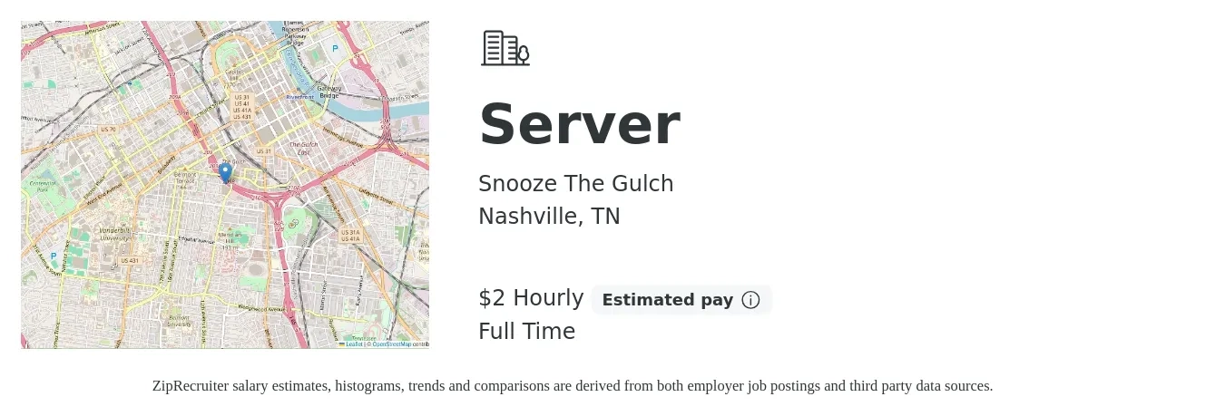 Snooze The Gulch job posting for a Server in Nashville, TN with a salary of $2 Hourly with a map of Nashville location.
