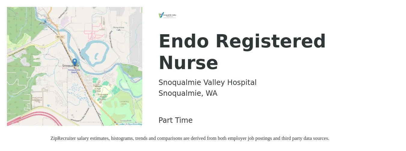 Snoqualmie Valley Hospital job posting for a Endo Registered Nurse in Snoqualmie, WA with a salary of $35 to $55 Hourly with a map of Snoqualmie location.