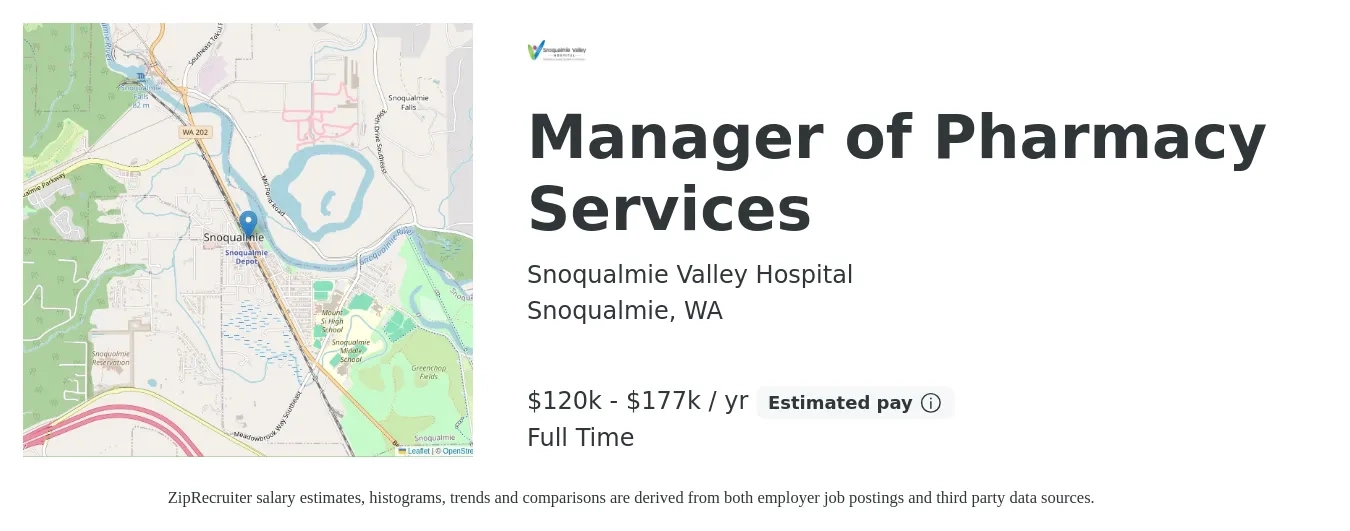 Snoqualmie Valley Hospital job posting for a Manager of Pharmacy Services in Snoqualmie, WA with a salary of $120,806 to $177,195 Yearly with a map of Snoqualmie location.