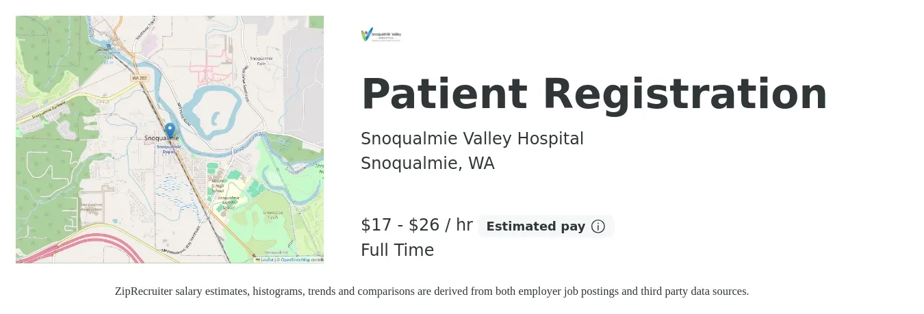 Snoqualmie Valley Hospital job posting for a Patient Registration in Snoqualmie, WA with a salary of $19 to $28 Hourly with a map of Snoqualmie location.