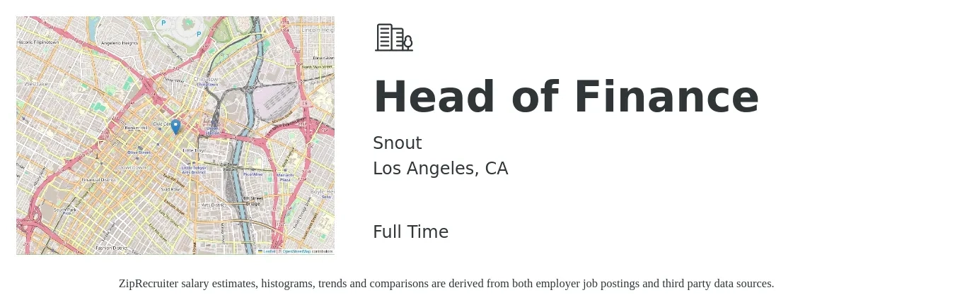 Snout job posting for a Head of Finance in Los Angeles, CA with a salary of $108,300 to $164,900 Yearly with a map of Los Angeles location.