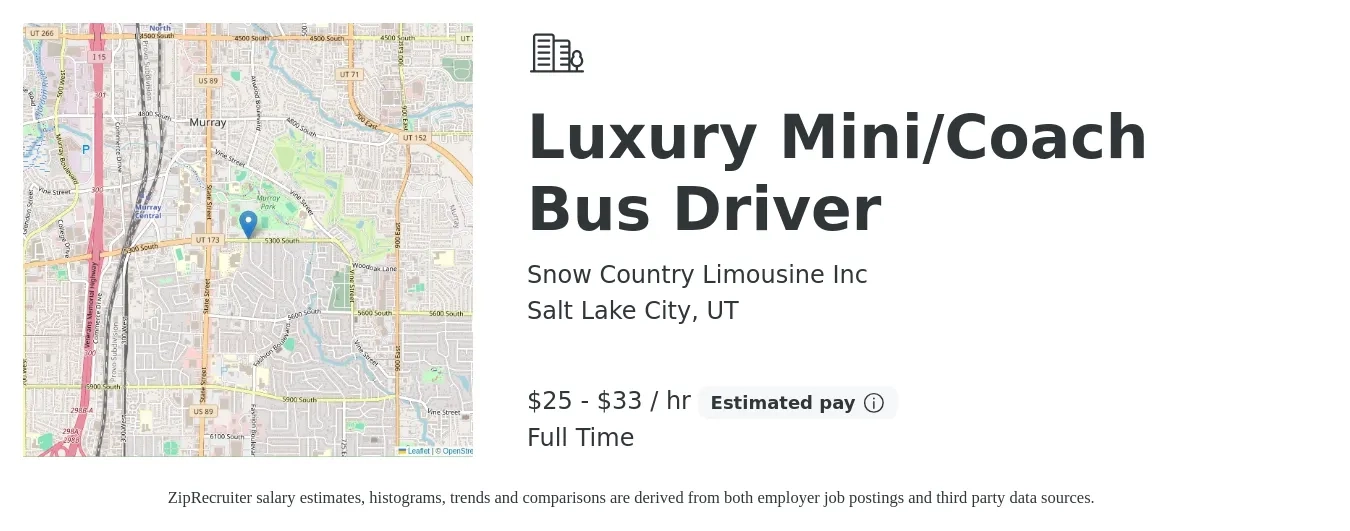 Snow Country Limousine Inc job posting for a Luxury Mini/Coach Bus Driver in Salt Lake City, UT with a salary of $27 to $35 Hourly with a map of Salt Lake City location.