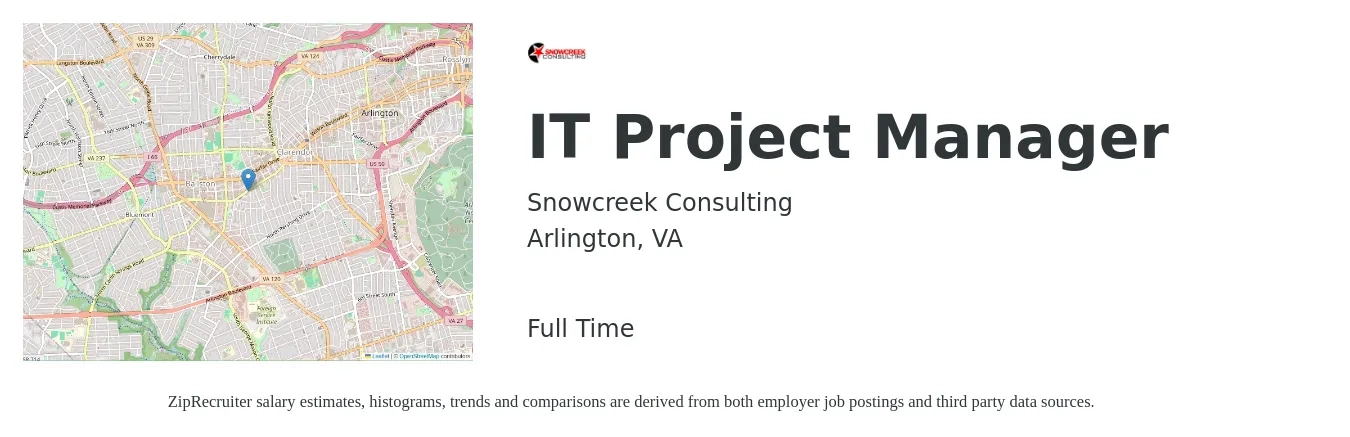 Snowcreek Consulting job posting for a IT Project Manager in Arlington, VA with a salary of $112,600 to $133,100 Yearly with a map of Arlington location.