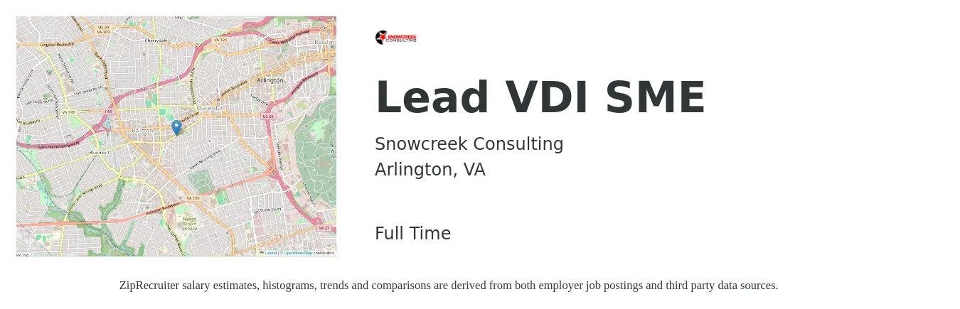 Snowcreek Consulting job posting for a Lead VDI SME in Arlington, VA with a salary of $190,800 to $289,100 Yearly with a map of Arlington location.