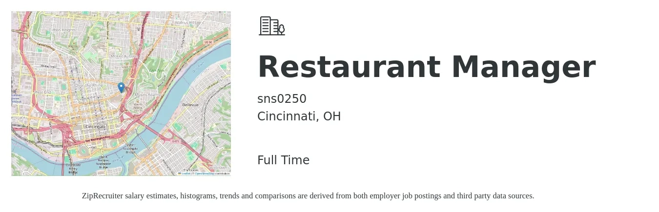 sns0250 job posting for a Restaurant Manager in Cincinnati, OH with a salary of $43,200 to $60,900 Yearly with a map of Cincinnati location.