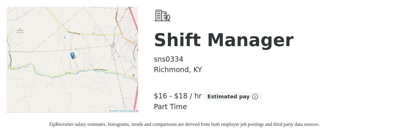 sns0334 job posting for a Shift Manager in Richmond, KY with a salary of $17 to $19 Hourly with a map of Richmond location.