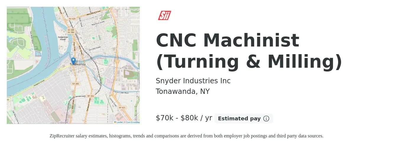 Snyder Industries Inc job posting for a CNC Machinist (Turning & Milling) in Tonawanda, NY with a salary of $70,000 to $80,000 Yearly with a map of Tonawanda location.
