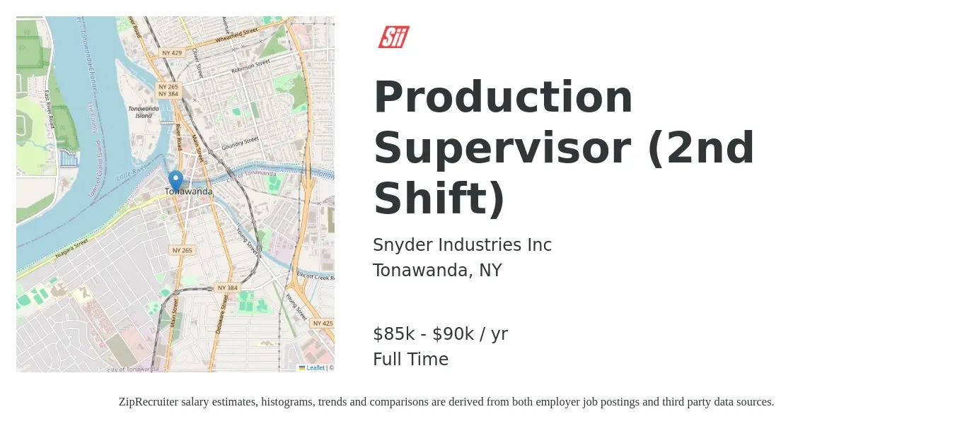 Snyder Industries Inc job posting for a Production Supervisor (2nd Shift) in Tonawanda, NY with a salary of $85,000 to $90,000 Yearly with a map of Tonawanda location.