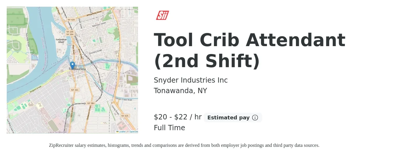 Snyder Industries Inc job posting for a Tool Crib Attendant (2nd Shift) in Tonawanda, NY with a salary of $21 to $23 Hourly with a map of Tonawanda location.