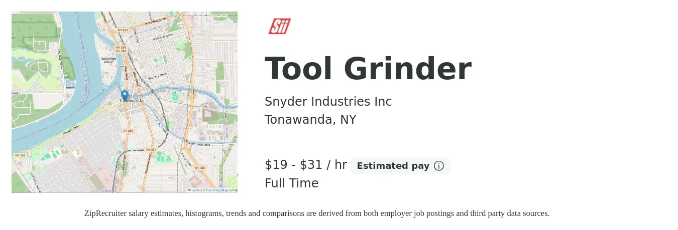 Snyder Industries Inc job posting for a Tool Grinder in Tonawanda, NY with a salary of $20 to $33 Hourly with a map of Tonawanda location.
