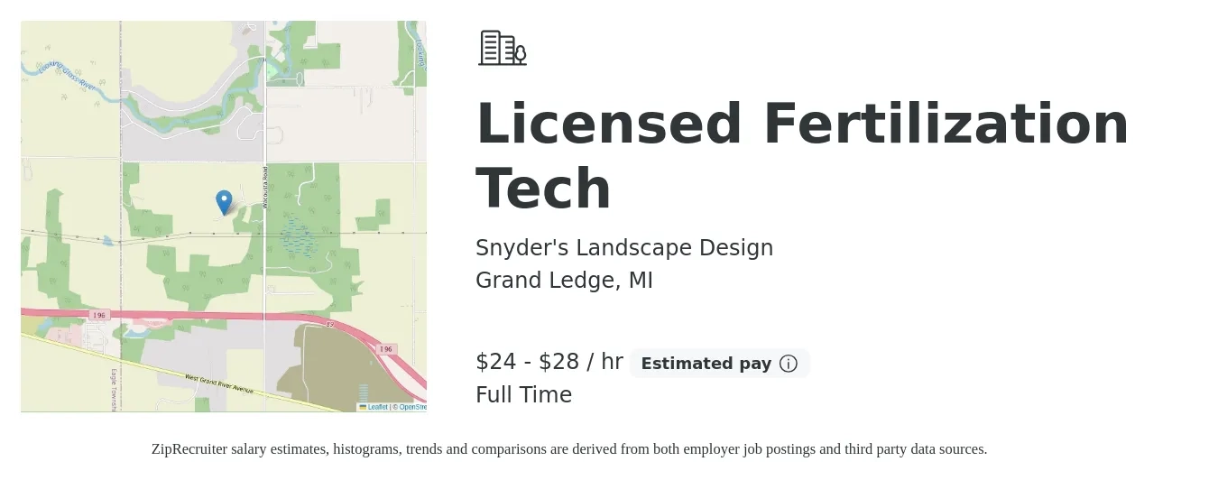 Snyder's Landscape Design job posting for a Licensed Fertilization Tech in Grand Ledge, MI with a salary of $25 to $30 Hourly with a map of Grand Ledge location.