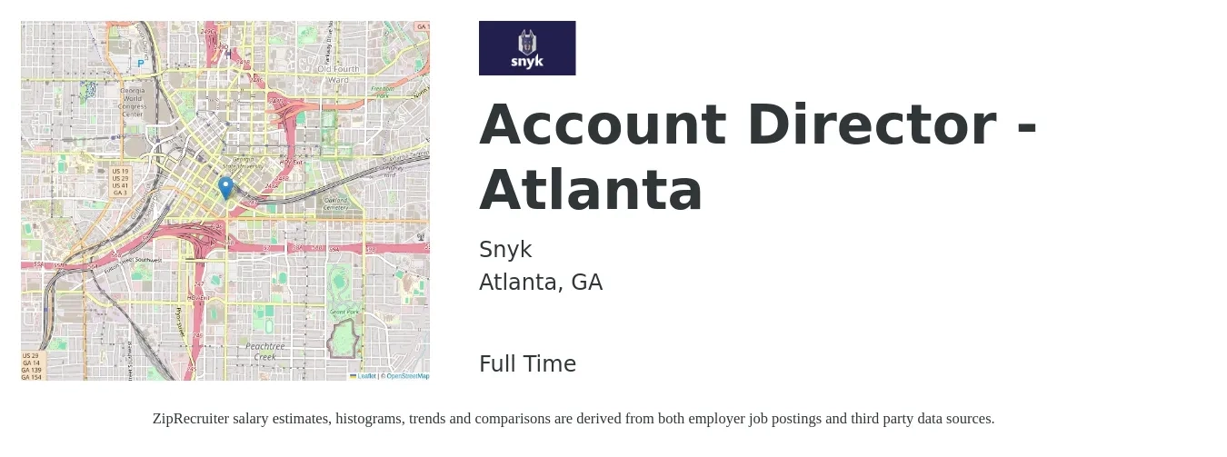 Snyk job posting for a Account Director - Atlanta in Atlanta, GA with a salary of $91,400 to $117,800 Yearly with a map of Atlanta location.