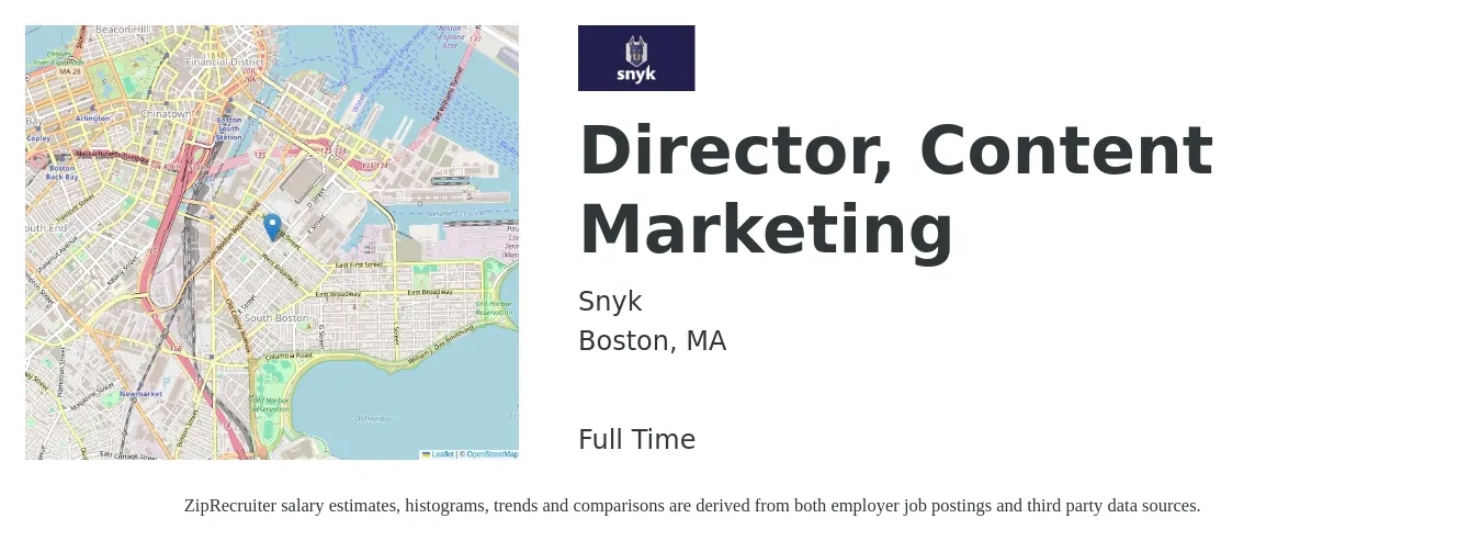Snyk job posting for a Director, Content Marketing in Boston, MA with a salary of $86,900 to $144,500 Yearly with a map of Boston location.