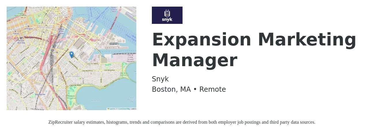 Snyk job posting for a Expansion Marketing Manager in Boston, MA with a salary of $65,200 to $106,500 Yearly with a map of Boston location.