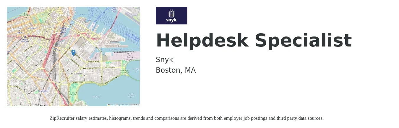 Snyk job posting for a Helpdesk Specialist in Boston, MA with a salary of $23 to $32 Hourly with a map of Boston location.