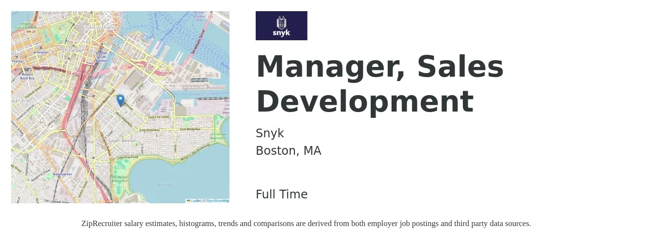 Snyk job posting for a Manager, Sales Development in Boston, MA with a salary of $63,600 to $100,500 Yearly with a map of Boston location.