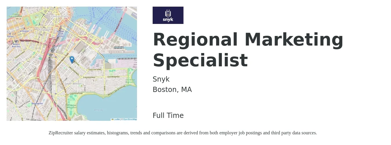 Snyk job posting for a Regional Marketing Specialist in Boston, MA with a salary of $51,600 to $76,000 Yearly with a map of Boston location.