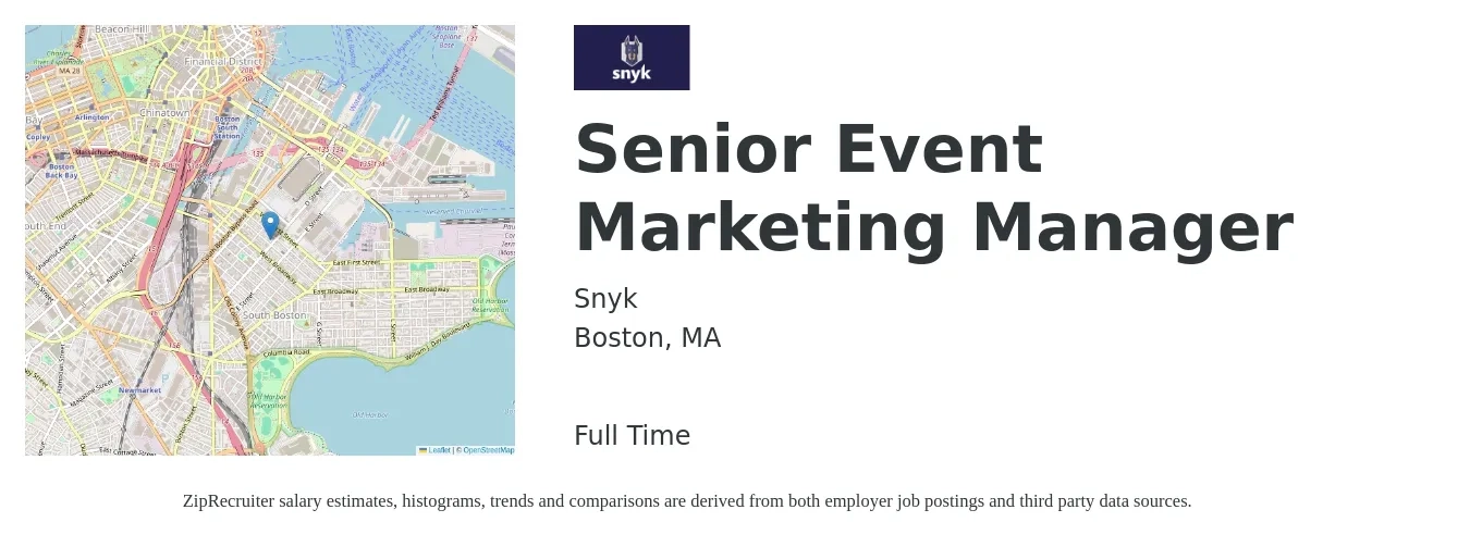 Snyk job posting for a Senior Event Marketing Manager in Boston, MA with a salary of $97,800 to $142,300 Yearly with a map of Boston location.