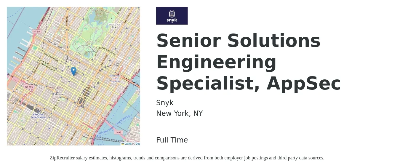 Snyk job posting for a Senior Solutions Engineering Specialist, AppSec in New York, NY with a salary of $60 to $78 Hourly with a map of New York location.