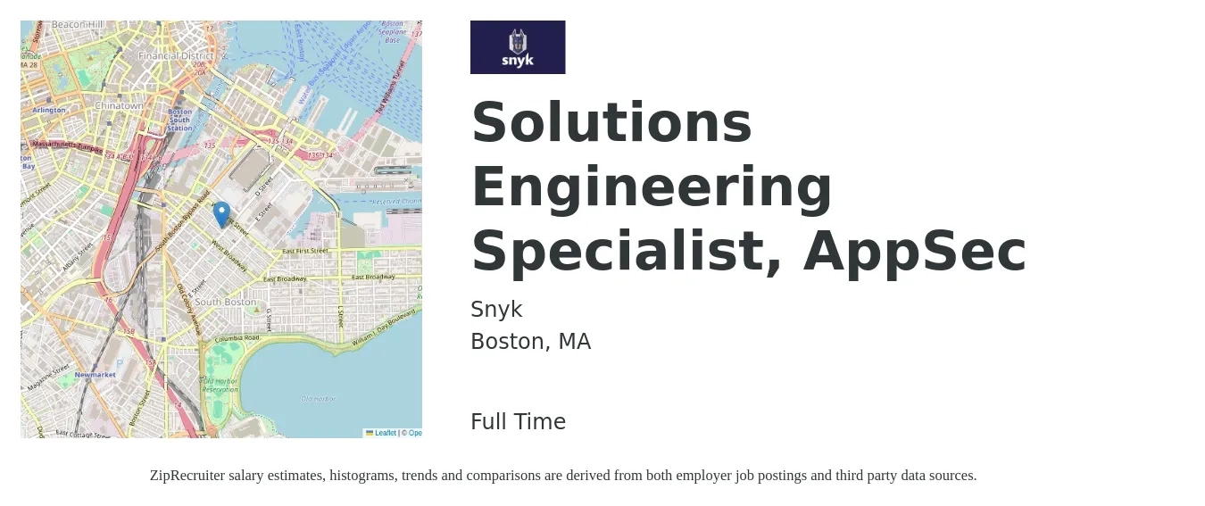 Snyk job posting for a Solutions Engineering Specialist, AppSec in Boston, MA with a salary of $64 to $85 Hourly with a map of Boston location.