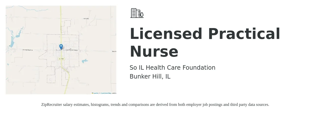 So IL Health Care Foundation job posting for a Licensed Practical Nurse in Bunker Hill, IL with a salary of $24 to $32 Hourly with a map of Bunker Hill location.