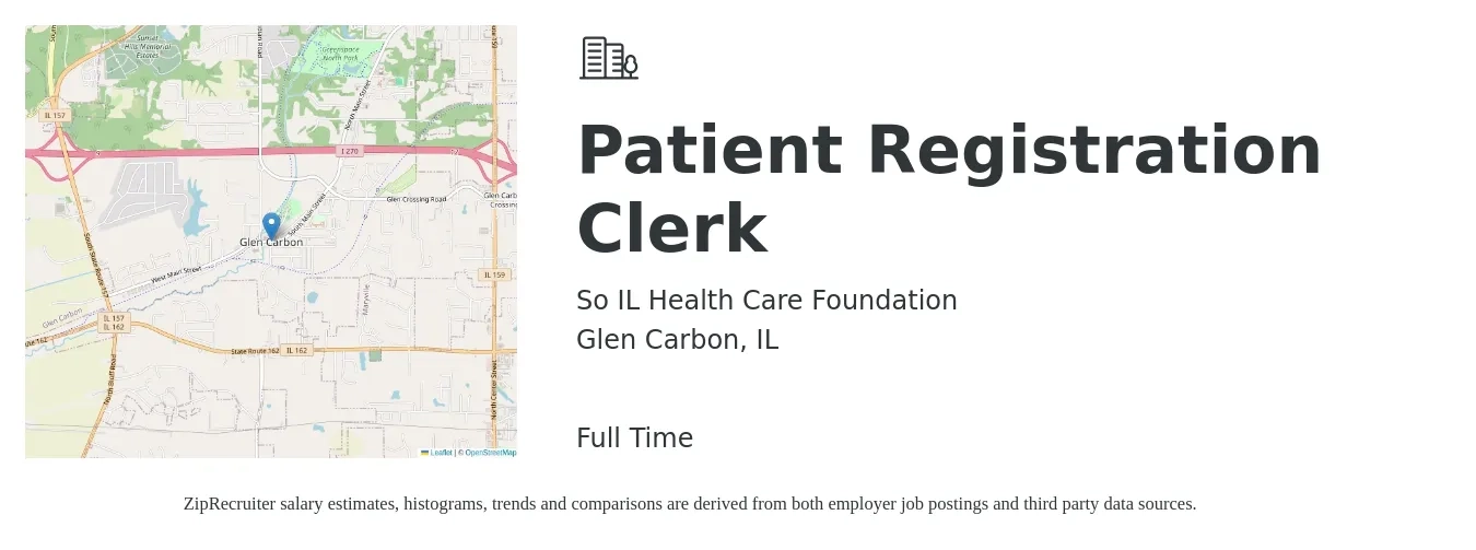 So IL Health Care Foundation job posting for a Patient Registration Clerk in Glen Carbon, IL with a salary of $14 to $18 Hourly with a map of Glen Carbon location.