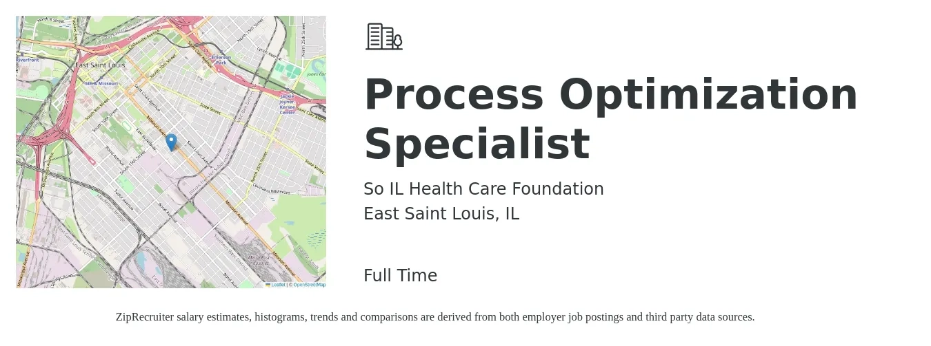 So IL Health Care Foundation job posting for a Process Optimization Specialist in East Saint Louis, IL with a salary of $67,600 to $96,700 Yearly with a map of East Saint Louis location.
