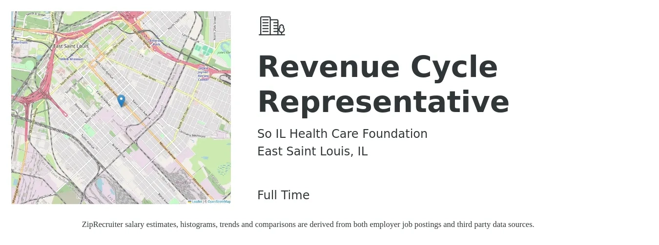So IL Health Care Foundation job posting for a Revenue Cycle Representative in East Saint Louis, IL with a salary of $16 to $19 Hourly with a map of East Saint Louis location.