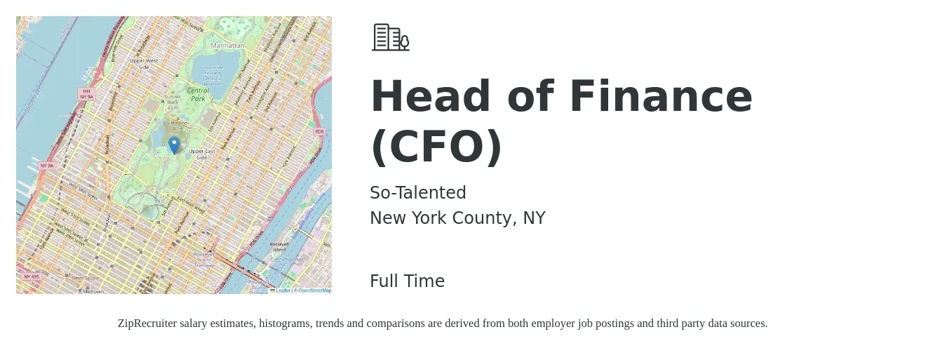 So-Talented job posting for a Head of Finance (CFO) in New York County, NY with a salary of $117,700 to $189,200 Yearly with a map of New York County location.