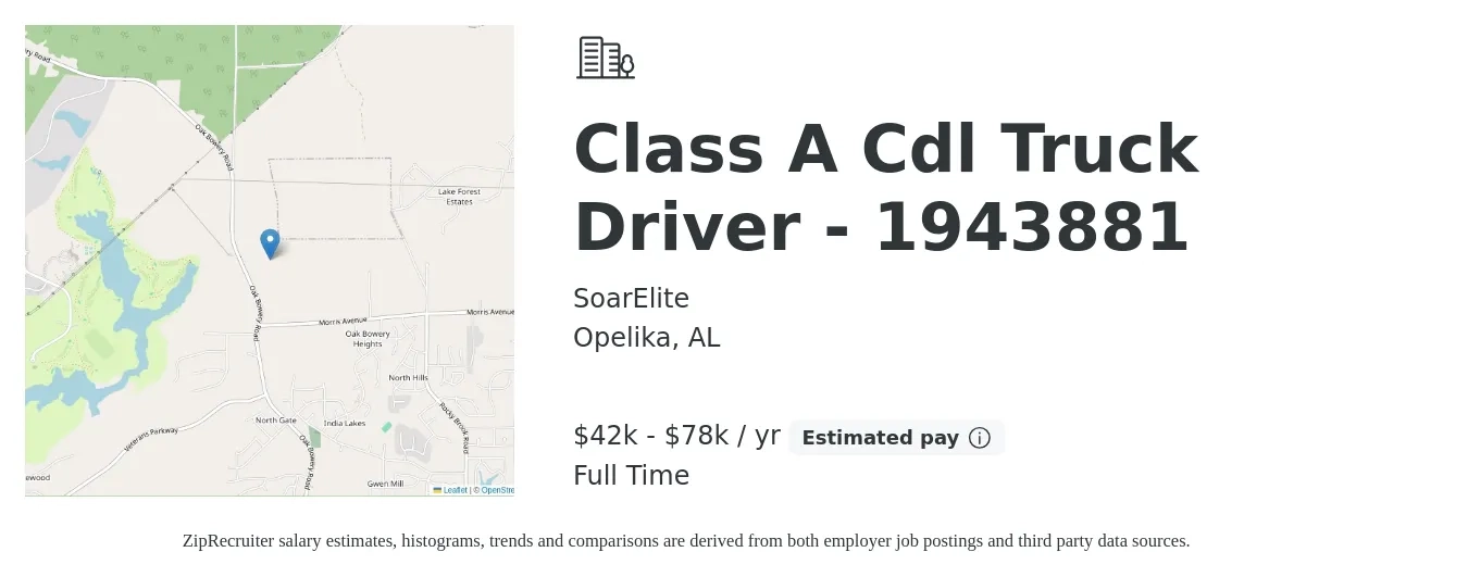 SoarElite job posting for a Class A Cdl Truck Driver - 1943881 in Opelika, AL with a salary of $42,000 to $78,000 Yearly with a map of Opelika location.
