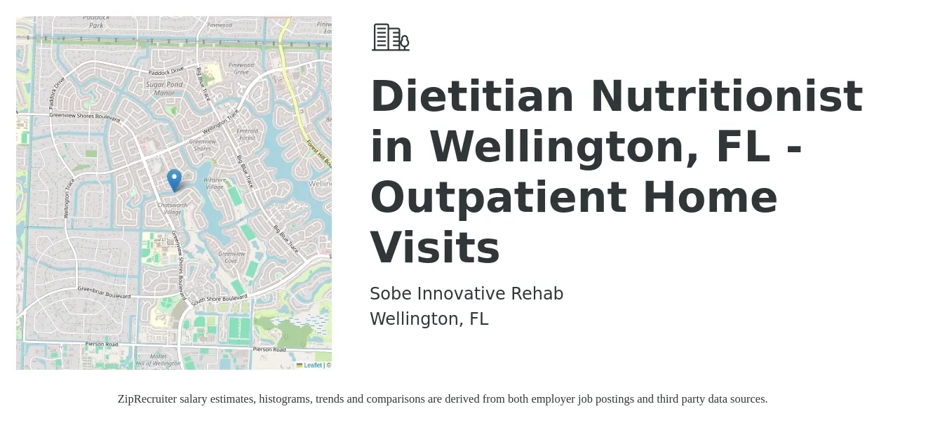 Sobe Innovative Rehab job posting for a Dietitian Nutritionist in Wellington, FL -Outpatient Home Visits in Wellington, FL with a salary of $56,600 to $82,800 Yearly with a map of Wellington location.