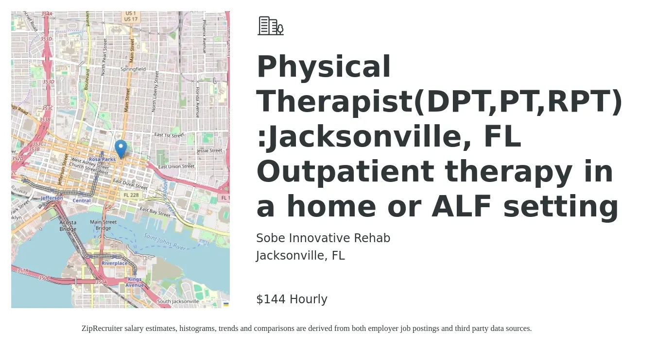 Sobe Innovative Rehab job posting for a Physical Therapist(DPT,PT,RPT) :Jacksonville, FL Outpatient therapy in a home or ALF setting in Jacksonville, FL with a salary of $150 Hourly with a map of Jacksonville location.