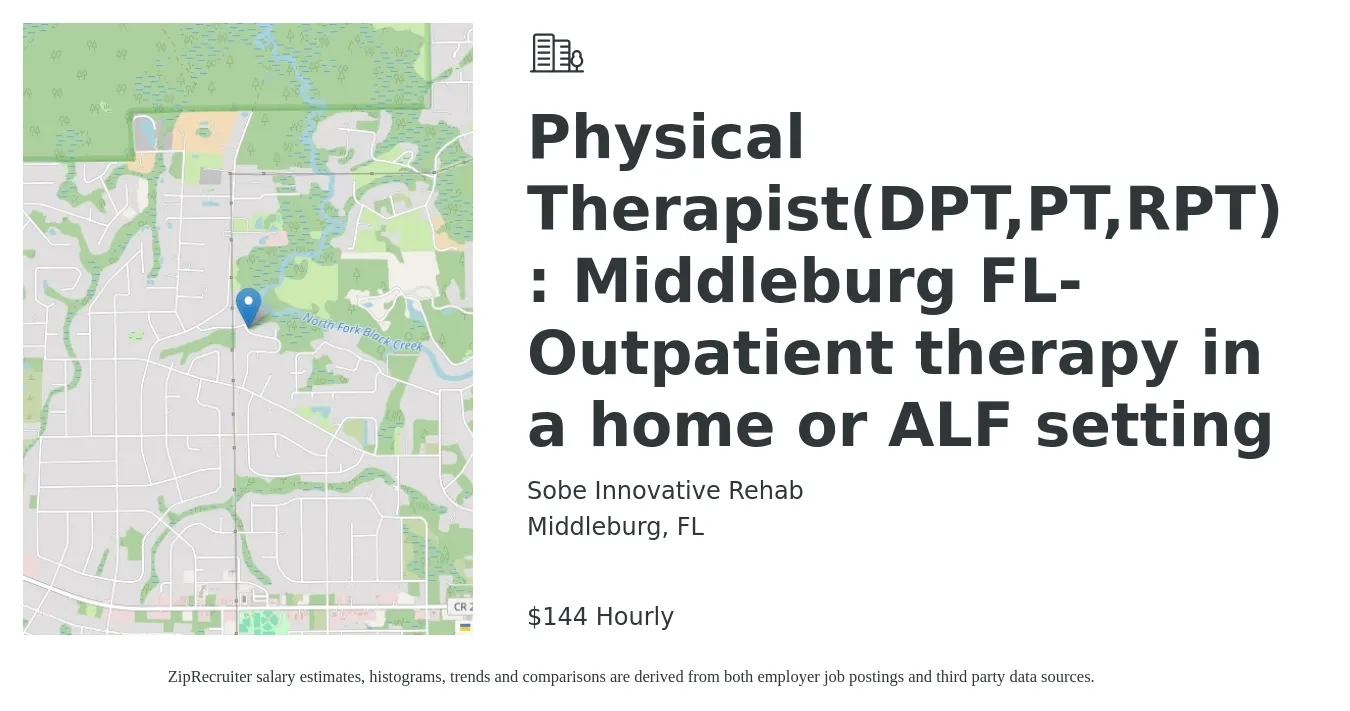 Sobe Innovative Rehab job posting for a Physical Therapist(DPT,PT,RPT) :Middleburg, FL Outpatient therapy in a home or ALF setting in Middleburg, FL with a salary of $150 Hourly with a map of Middleburg location.
