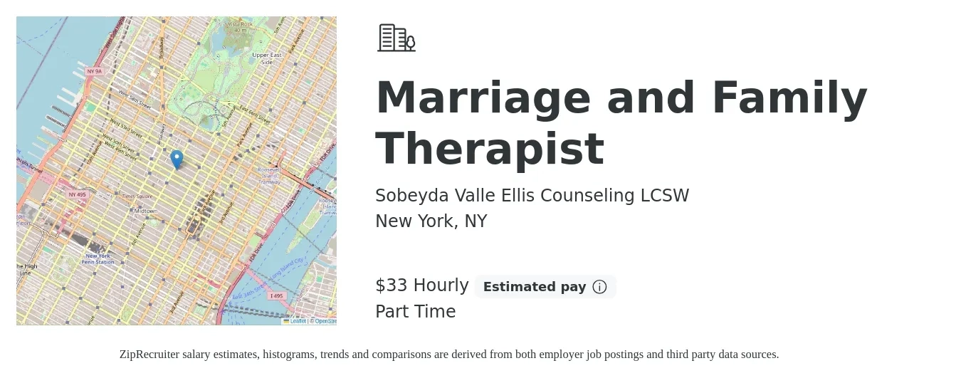 Sobeyda Valle Ellis Counseling LCSW job posting for a Marriage and Family Therapist in New York, NY with a salary of $35 Hourly with a map of New York location.