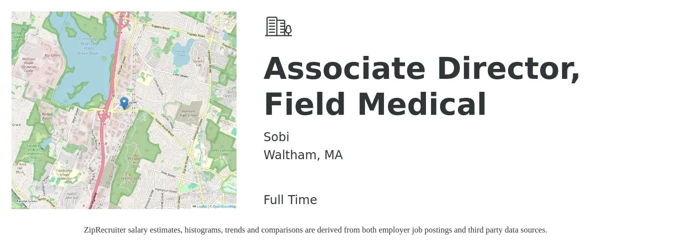 Sobi job posting for a Associate Director, Field Medical in Waltham, MA with a salary of $131,100 to $215,800 Yearly with a map of Waltham location.