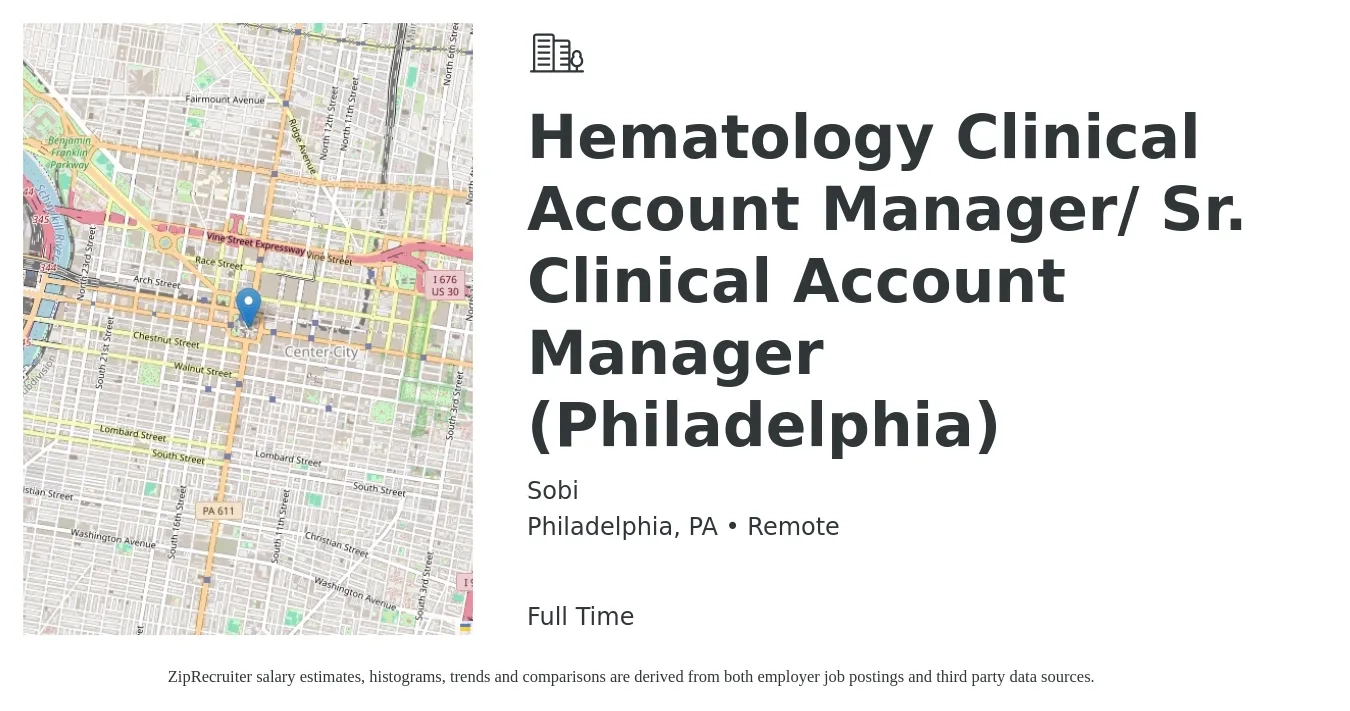 Sobi job posting for a Hematology Clinical Account Manager/ Sr. Clinical Account Manager (Philadelphia) in Philadelphia, PA with a salary of $120,000 to $190,000 Yearly with a map of Philadelphia location.