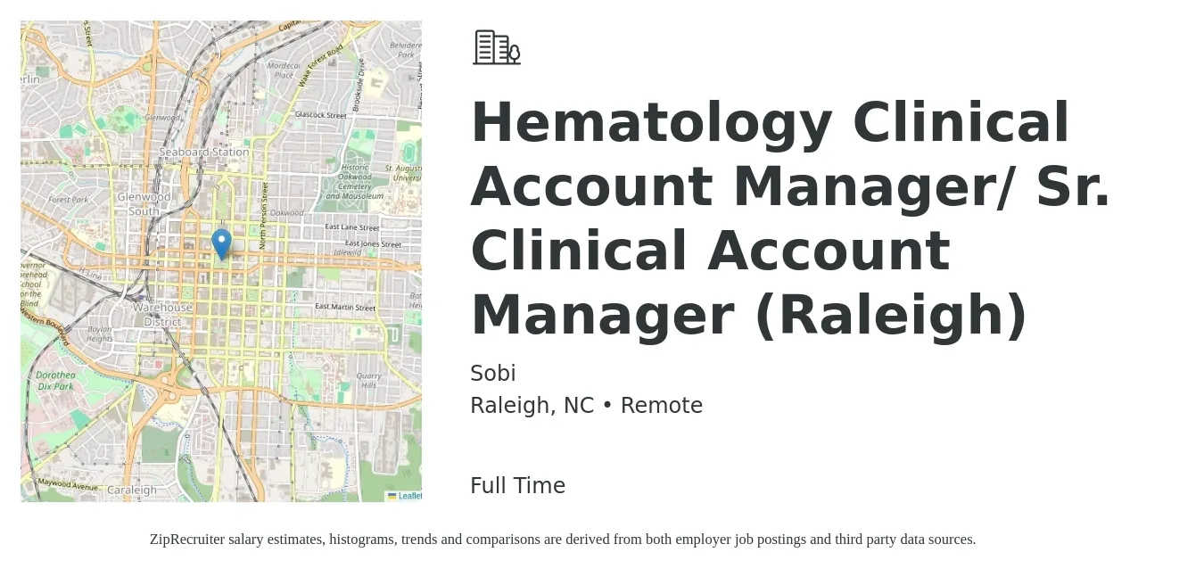 Sobi job posting for a Hematology Clinical Account Manager/ Sr. Clinical Account Manager (Raleigh) in Raleigh, NC with a salary of $120,000 to $190,000 Yearly with a map of Raleigh location.