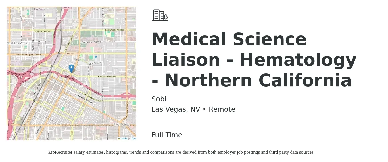 Sobi job posting for a Medical Science Liaison - Hematology - Northern California in Las Vegas, NV with a salary of $34 to $102 Hourly with a map of Las Vegas location.