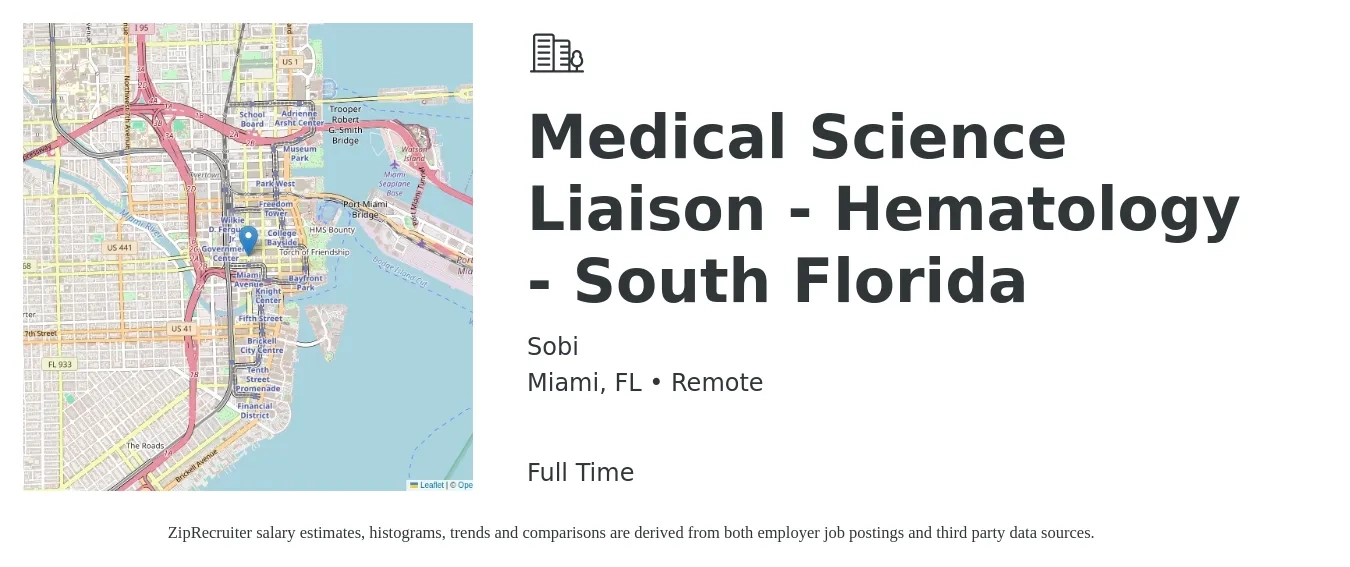 Sobi job posting for a Medical Science Liaison - Hematology - South Florida in Miami, FL with a salary of $35 to $102 Hourly with a map of Miami location.
