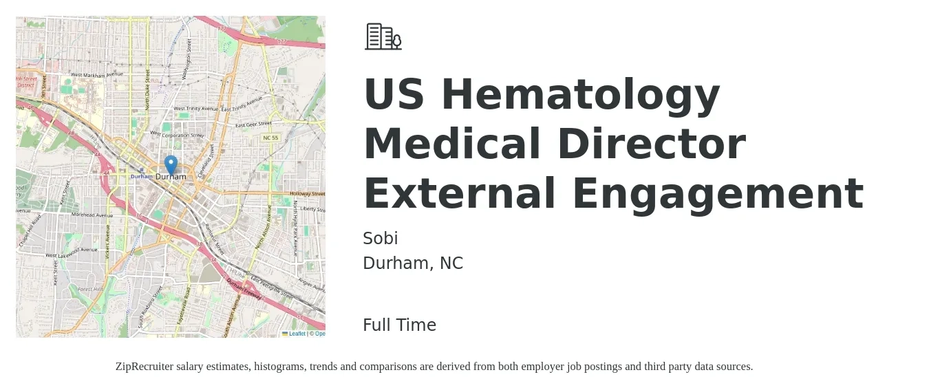 Sobi job posting for a US Hematology Medical Director External Engagement in Durham, NC with a salary of $191,300 to $274,900 Yearly with a map of Durham location.