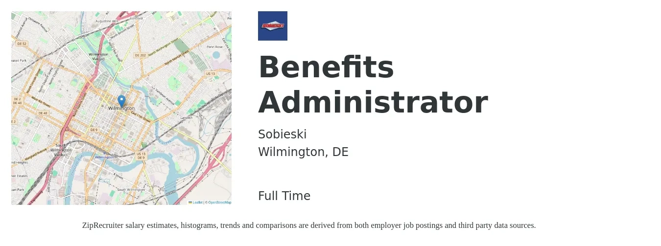 Sobieski job posting for a Benefits Administrator in Wilmington, DE with a salary of $49,000 to $72,800 Yearly with a map of Wilmington location.