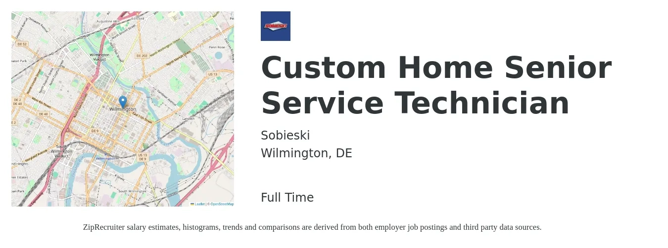 Sobieski job posting for a Custom Home Senior Service Technician in Wilmington, DE with a salary of $21 to $34 Hourly with a map of Wilmington location.