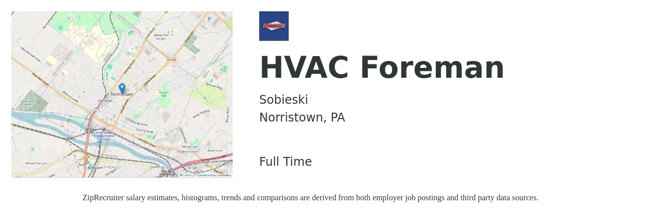 Sobieski job posting for a HVAC Foreman in Norristown, PA with a salary of $76,300 to $106,900 Yearly with a map of Norristown location.